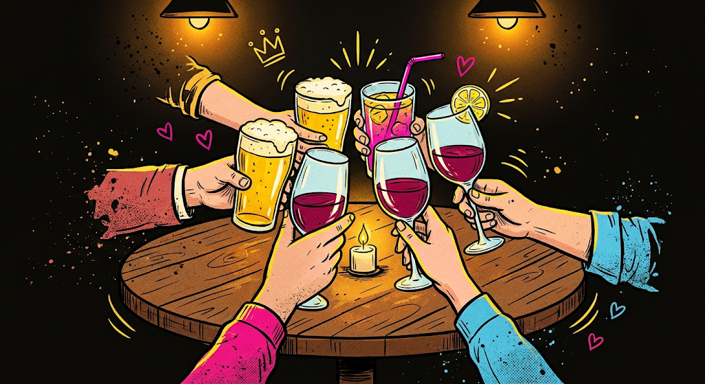 Des mains trinquent avec bières, vins et cocktail au-dessus d'une table ronde éclairée à la bougie